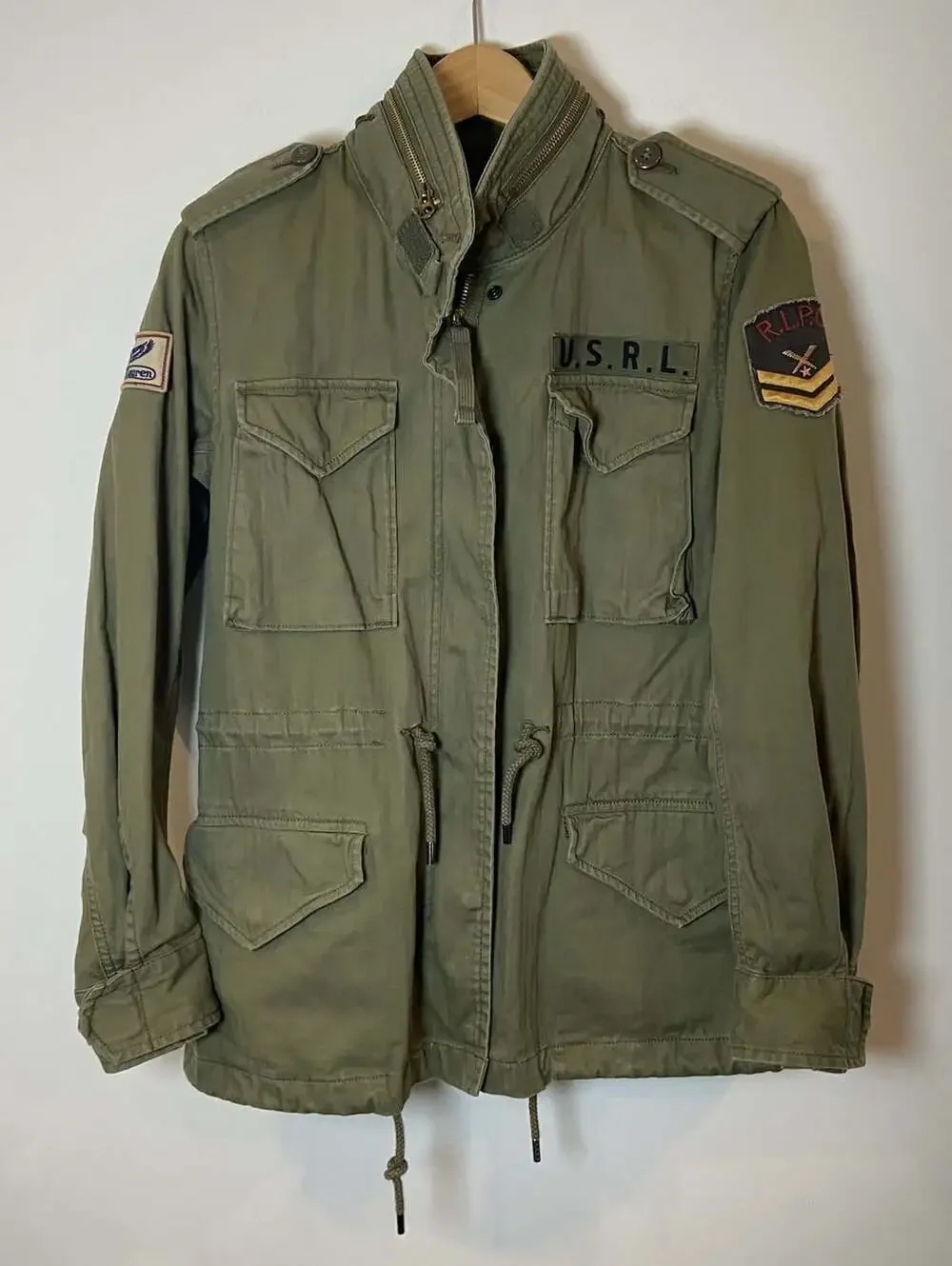 Polo Ralph Lauren Military Field Jacket Hood Tie Patches Olive Green XS
